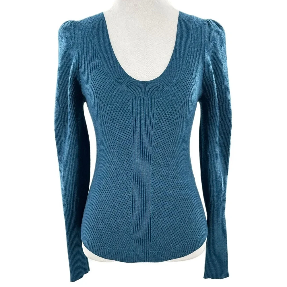 Rebecca Taylor structured sweater size XS blue ribbed 88% wool statement sleeve